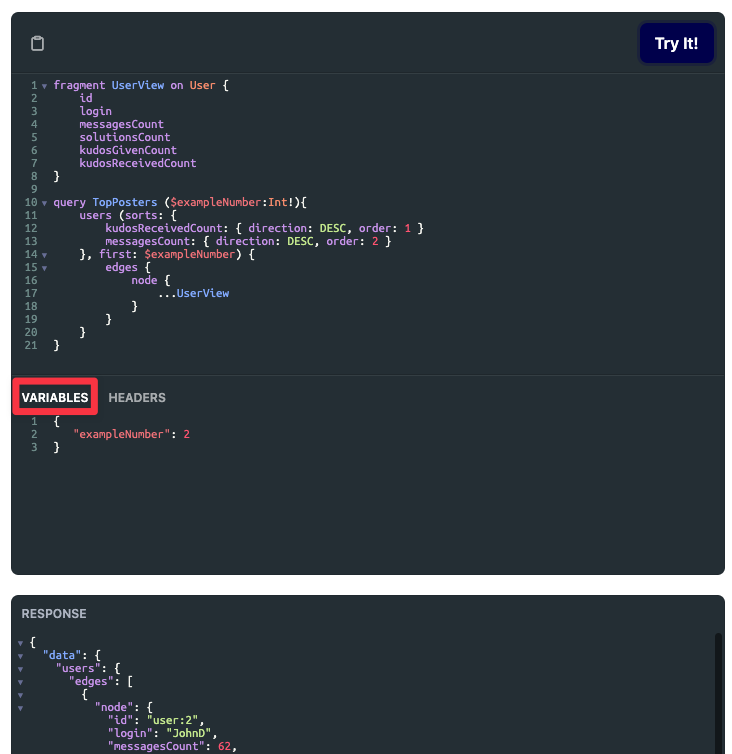 GraphQL variables section
